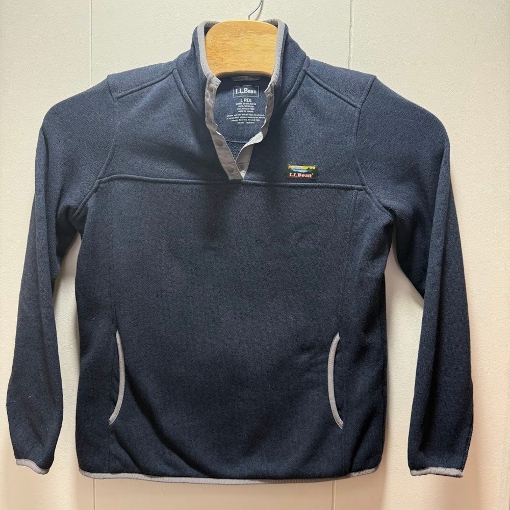 LL Bean Sweater Fleece Pullover Navy Blue Snap Neck Womens Size Large